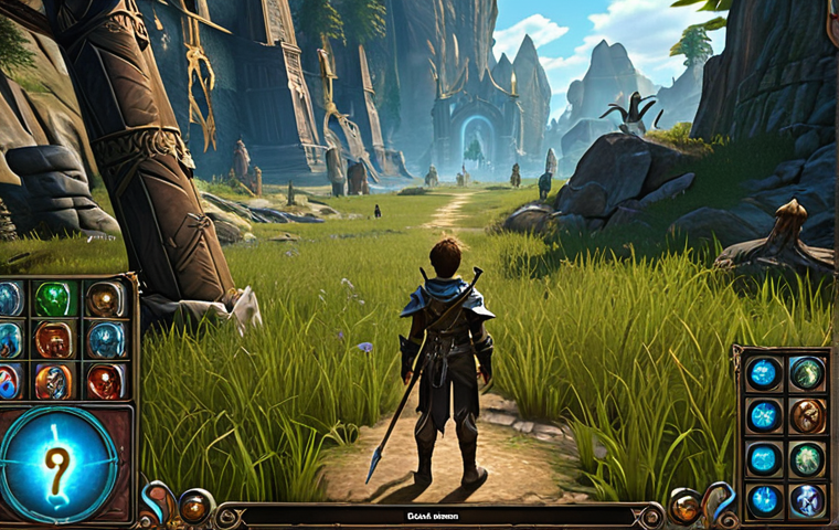 "A young, slightly overwhelmed fantasy adventurer standing in a vast, lush Lineage2M-inspired starting zone. The character is looking intently at a semi-transparent, detailed game interface overlay, filled with numerous quest markers, skill icons, and character stats. Distant player silhouettes and fantasy creatures hint at the expansive world and the challenges ahead. The scene should convey a feeling of new beginnings, initial confusion, and the potential for a grand adventure, with a high fantasy digital painting style."