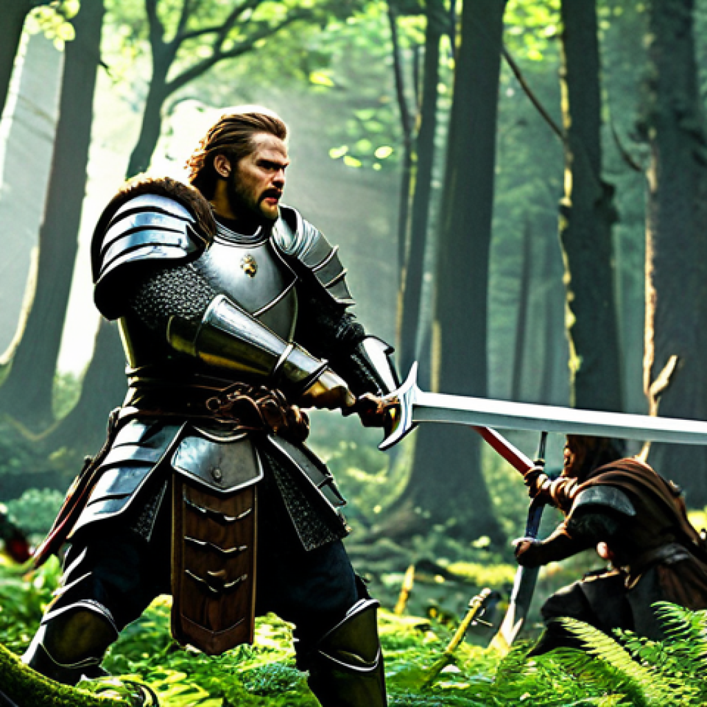 **
"A dynamic action scene featuring a Warrior in full plate armor, wielding a greatsword. He is battling a large group of monsters in a lush, green forest environment. The Warrior is using a whirlwind attack skill. Bright lighting, cinematic composition, high detail, perfect anatomy, correct proportions, well-formed hands, proper finger count, natural body proportions, safe for work, appropriate content, fully clothed, professional fantasy illustration, family-friendly."
**