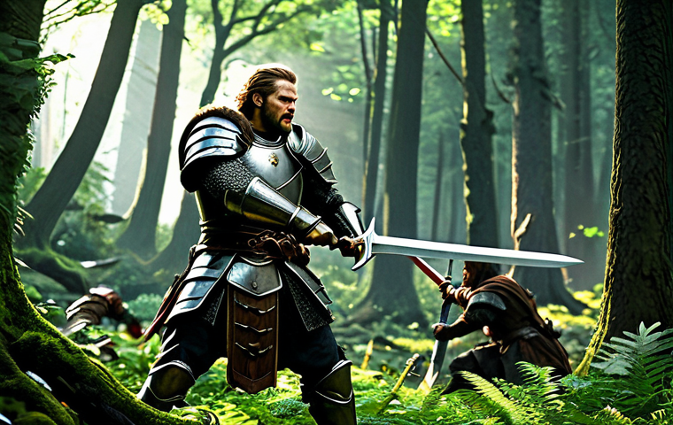 **
"A dynamic action scene featuring a Warrior in full plate armor, wielding a greatsword. He is battling a large group of monsters in a lush, green forest environment. The Warrior is using a whirlwind attack skill. Bright lighting, cinematic composition, high detail, perfect anatomy, correct proportions, well-formed hands, proper finger count, natural body proportions, safe for work, appropriate content, fully clothed, professional fantasy illustration, family-friendly."
**