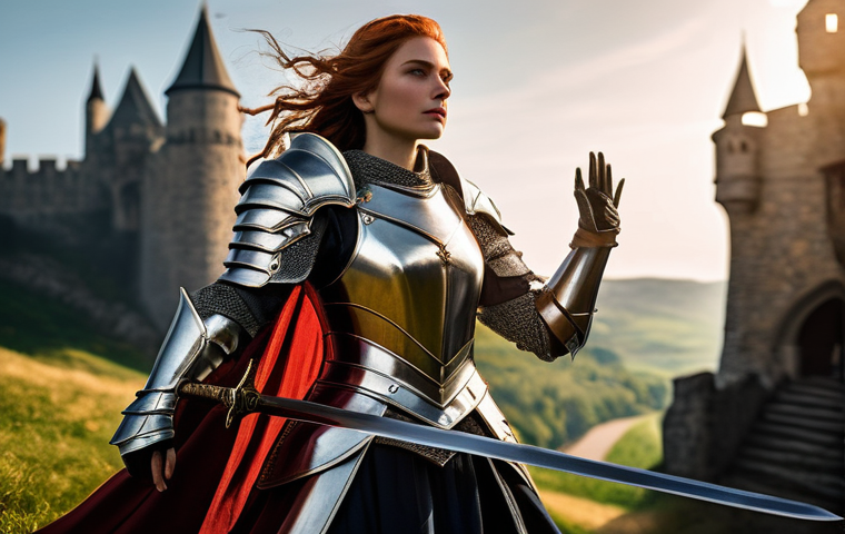 리니지2M 명예 포인트 활용 - **Prompt 1: Majestic Fantasy Knight**
    "A formidable female knight, around 30 years old, in full,...
