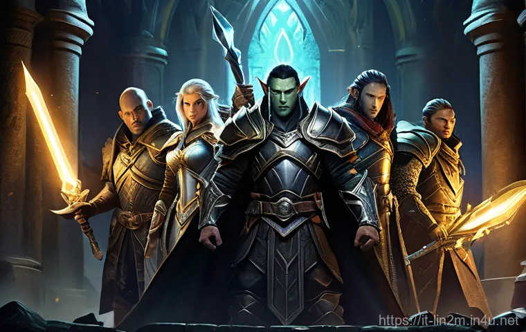 리니지2M 최상위 콘텐츠 소개 - **Prompt:** A diverse group of fantasy adventurers, including a heavily armored male Human Knight, a...
