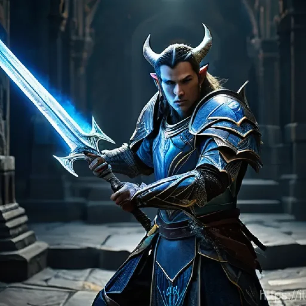 리니지2M 희귀 장비 획득 - **Prompt:** A determined, male elven warrior, clad in intricate fantasy plate armor with glowing blu...