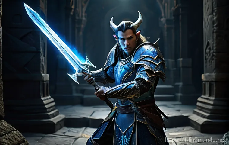 리니지2M 희귀 장비 획득 - **Prompt:** A determined, male elven warrior, clad in intricate fantasy plate armor with glowing blu...