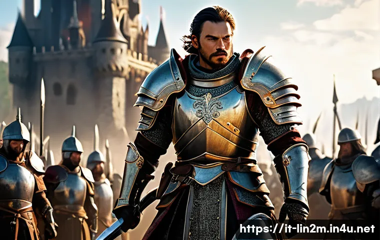 리니지2M 명성 시스템 활용 - A dynamic fantasy-themed scene depicting a skilled warrior in ornate, high-level armor standing triu...