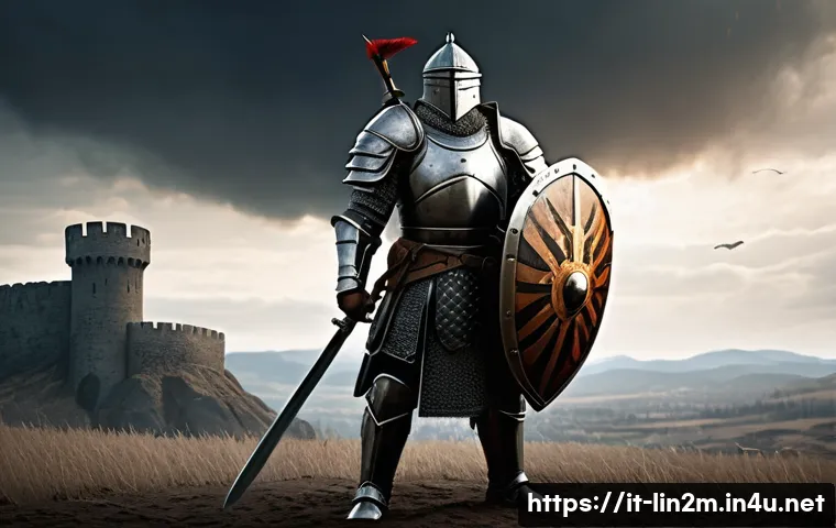 리니지2M 클래스별 초보자 팁 - A powerful Warrior character standing confidently on a rugged battlefield, clad in detailed, heavy a...