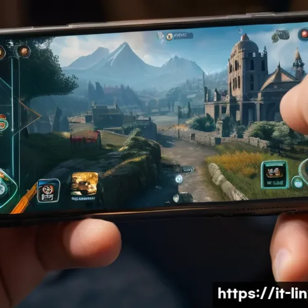리니지2M UI 설정 최적화 - A highly detailed close-up scene of a right-handed gamer’s hand holding a modern smartphone, with an...