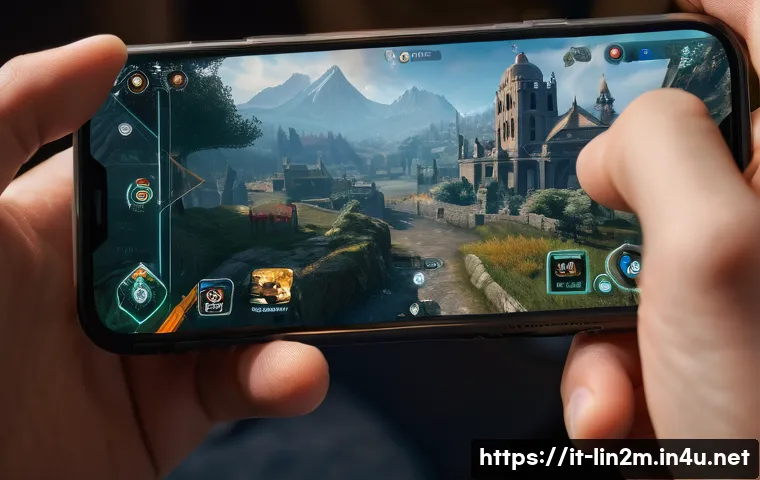 리니지2M UI 설정 최적화 - A highly detailed close-up scene of a right-handed gamer’s hand holding a modern smartphone, with an...