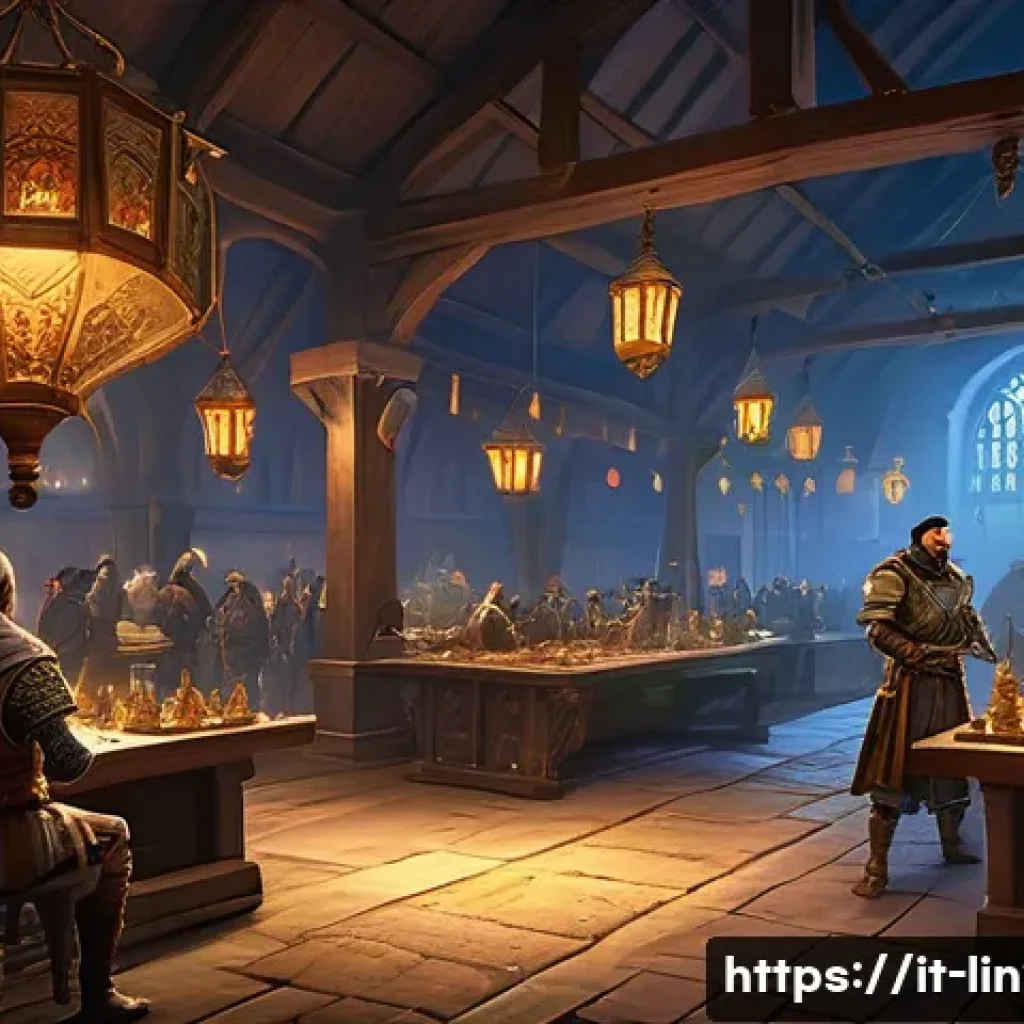 리니지2M 희귀 아이템 경매 - A dynamic auction scene in a fantasy MMORPG setting, showcasing a diverse group of players gathered ...
