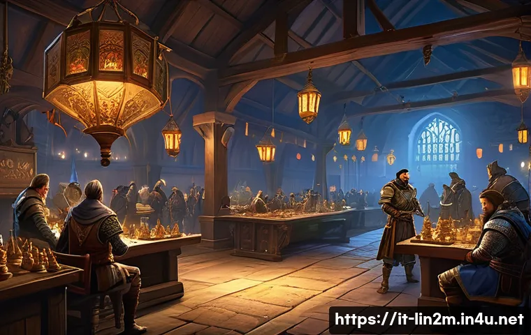 리니지2M 희귀 아이템 경매 - A dynamic auction scene in a fantasy MMORPG setting, showcasing a diverse group of players gathered ...