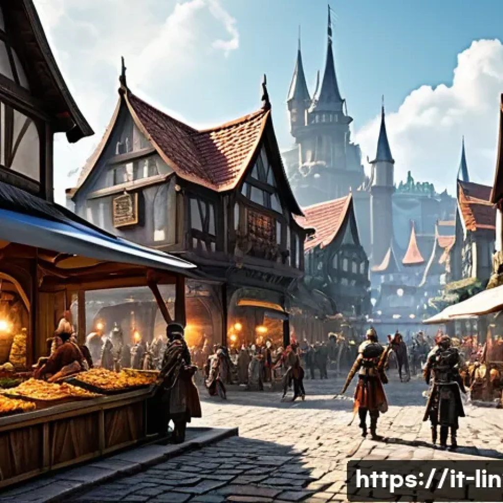리니지2M 오픈 마켓 활용하기 - A detailed fantasy marketplace scene inspired by Lineage2M, bustling with diverse characters trading...