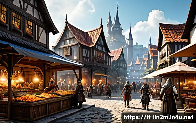 리니지2M 오픈 마켓 활용하기 - A detailed fantasy marketplace scene inspired by Lineage2M, bustling with diverse characters trading...