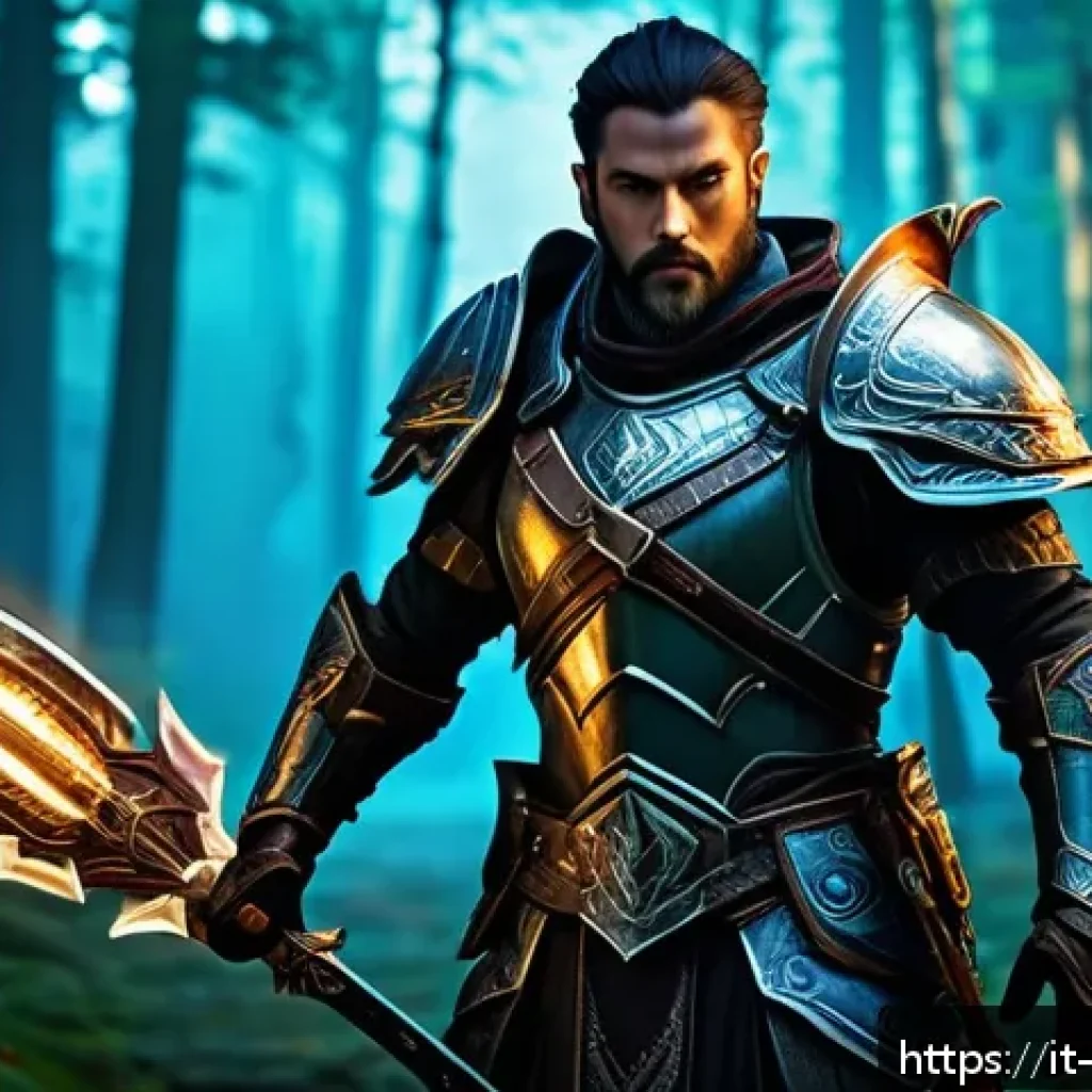 리니지2M 소환수 육성 방법 - A powerful summon warrior clad in ornate, glowing armor with intricate magical runes, wielding a lar...