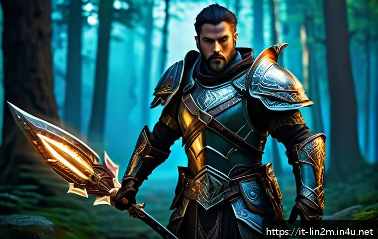 리니지2M 소환수 육성 방법 - A powerful summon warrior clad in ornate, glowing armor with intricate magical runes, wielding a lar...