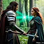 Home 22 리니지2M 직업 변경 혜택 - A detailed fantasy battle scene featuring a male warrior and a female mage standing back-to-back in ...