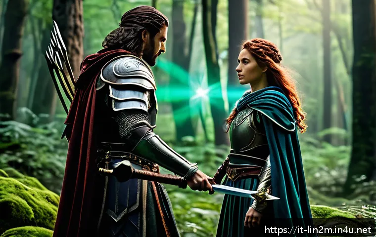 리니지2M 직업 변경 혜택 - A detailed fantasy battle scene featuring a male warrior and a female mage standing back-to-back in ...