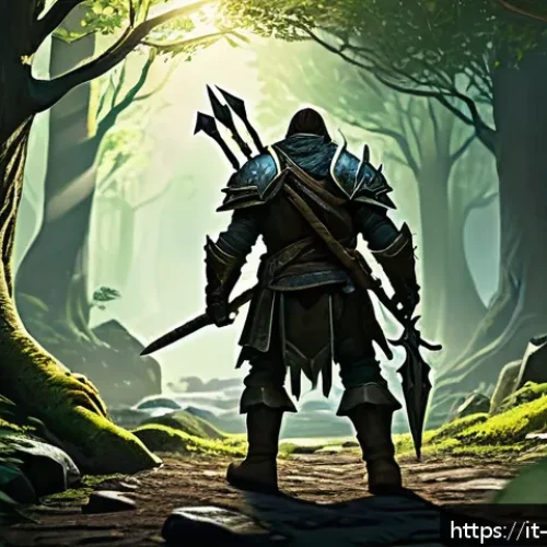 Home 33 리니지2M 지역별 퀘스트 추천 - A vibrant fantasy forest scene inspired by the Gludio Forest region, featuring a brave adventurer cl...