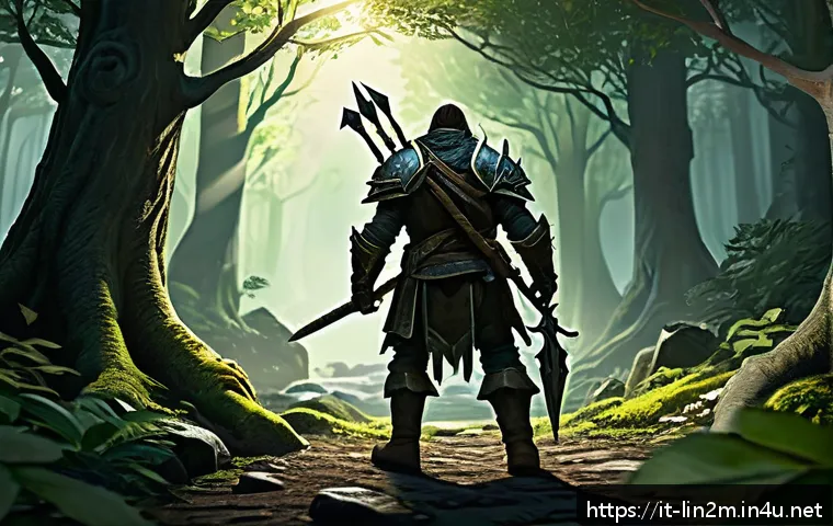 리니지2M 지역별 퀘스트 추천 - A vibrant fantasy forest scene inspired by the Gludio Forest region, featuring a brave adventurer cl...