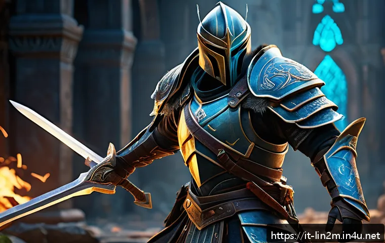 리니지2M 장비별 특수 옵션 - A dynamic fantasy warrior in detailed armor wielding a glowing sword with intricate runes that highl...