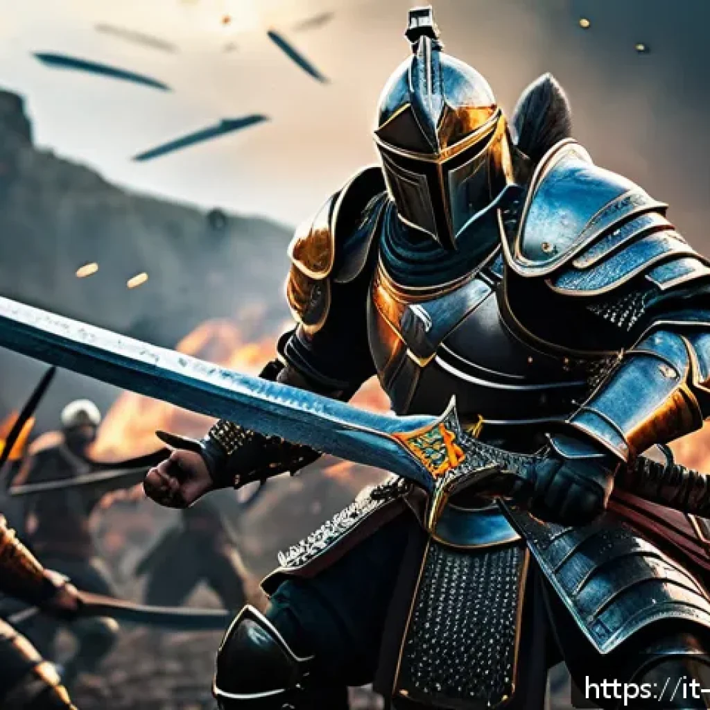 리니지2M 캐릭터 전용 스킬 세트 - A detailed fantasy battle scene featuring a skilled warrior in heavy armor wielding a massive sword,...