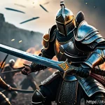 Home 19 리니지2M 캐릭터 전용 스킬 세트 - A detailed fantasy battle scene featuring a skilled warrior in heavy armor wielding a massive sword,...