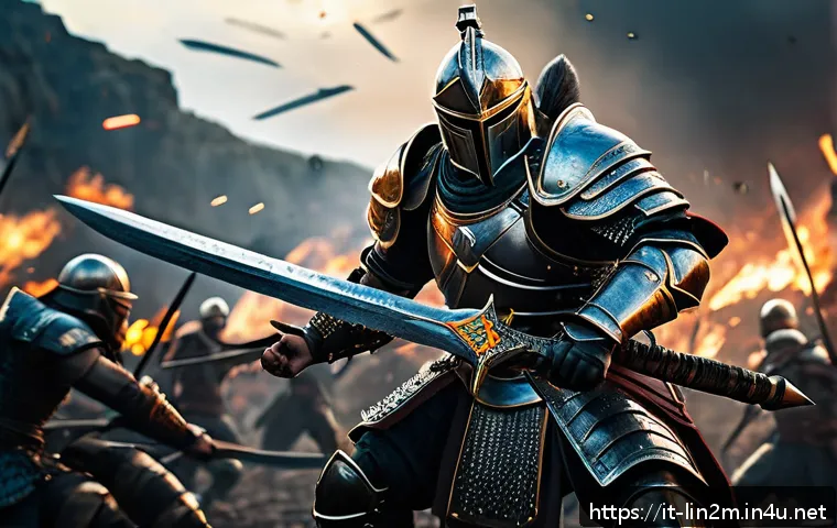 리니지2M 캐릭터 전용 스킬 세트 - A detailed fantasy battle scene featuring a skilled warrior in heavy armor wielding a massive sword,...