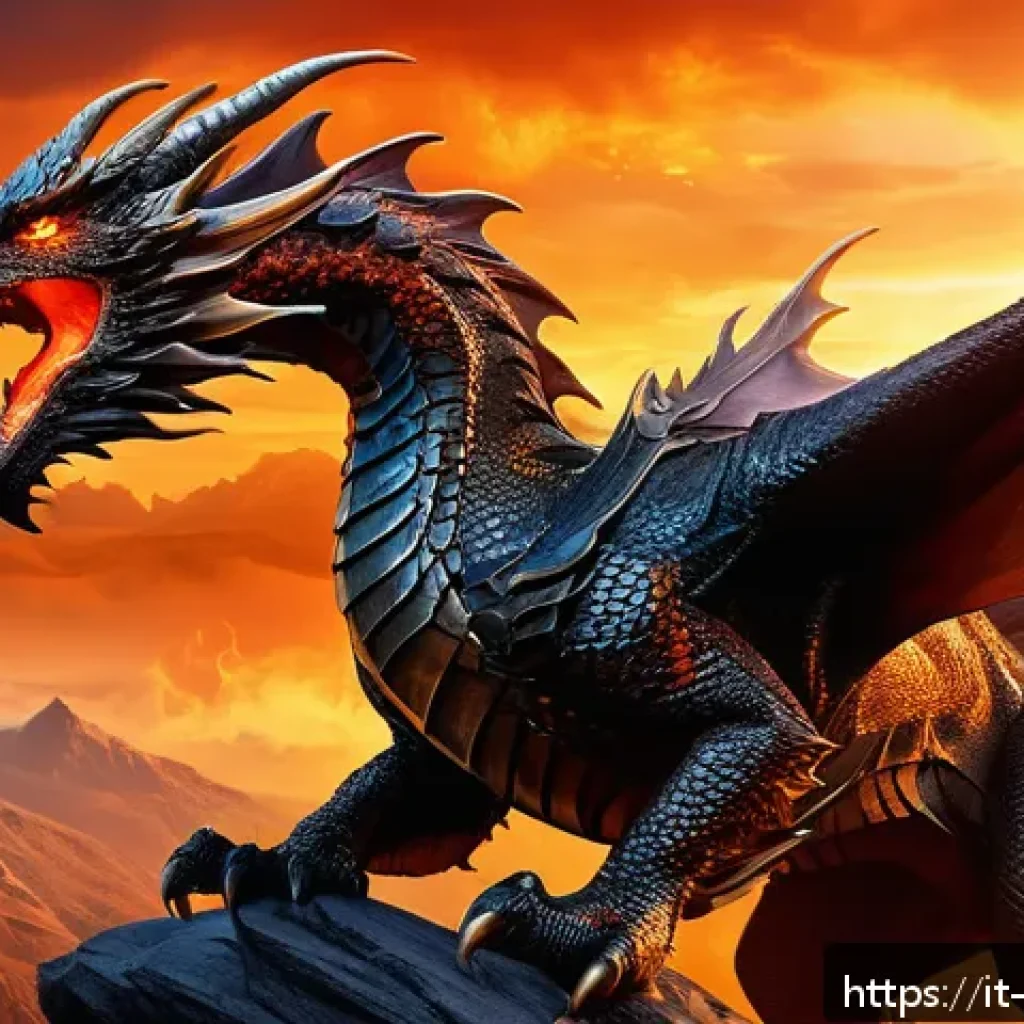 리니지2M 탈것 시스템 소개 - A majestic Fire Dragon mount soaring above a fantasy battlefield, its scales glowing with fiery embe...