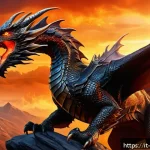Home 18 리니지2M 탈것 시스템 소개 - A majestic Fire Dragon mount soaring above a fantasy battlefield, its scales glowing with fiery embe...