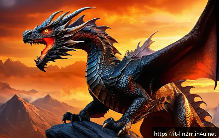 리니지2M 탈것 시스템 소개 - A majestic Fire Dragon mount soaring above a fantasy battlefield, its scales glowing with fiery embe...