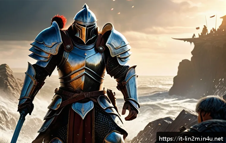 리니지2M 스토리 라인 분석 - A dynamic battle scene in a fantasy MMORPG setting featuring a heavily armored warrior tank leading ...